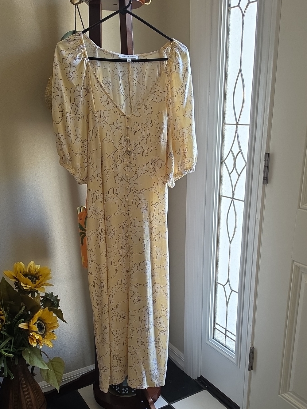Lucky Brand Pale Yellow Floral Maxi Dress with Puff Sleeves